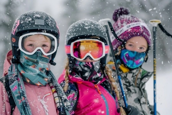 Fototapeta Little Caucasian Girls stand out on the snowy slopes in her ski style, adorned in fancy snow attire with vivid, vibrant shades of pink and pastel blue, complemented by rainbow ski goggles.