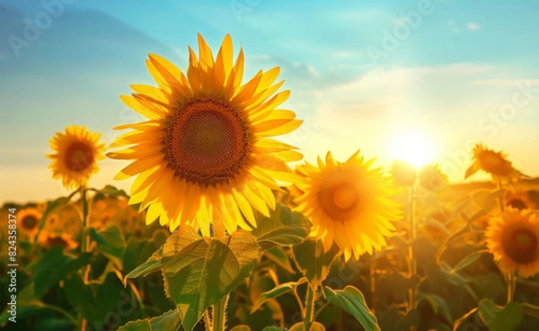 Fototapeta Sunflower on blurred sunny nature background. Horizontal agriculture summer banner with sunflowers field. Organic food production. Harvest of farm product. Oilseed crop. Copy space for text