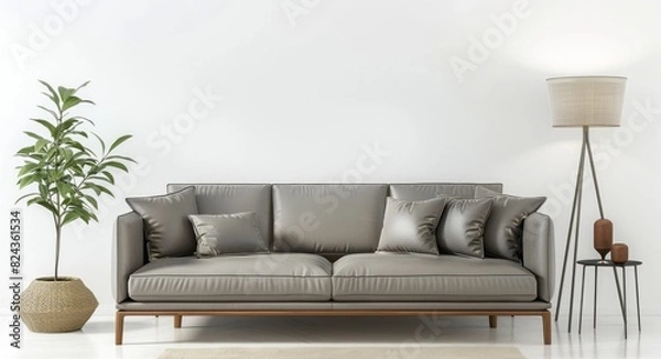 Fototapeta Modern gray leather sofa with matching side table and floor lamp against white wall