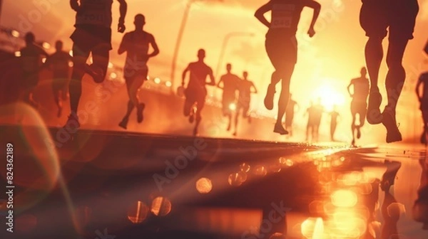 Fototapeta A high-quality image of a marathon race with runners sprinting towards the finish line, highlighted by professional lighting and copy space