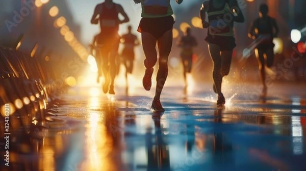 Fototapeta A high-quality image of a marathon race with runners sprinting towards the finish line, highlighted by professional lighting and copy space