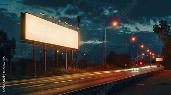 Fototapeta Blank billboard on an empty road at night, bathed in the glow of streetlights, tranquil nighttime scene