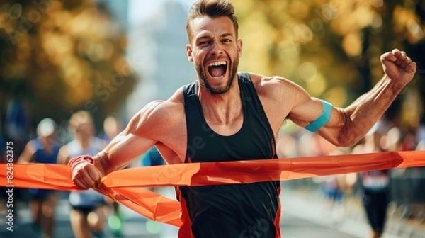 Fototapeta A high-resolution image of a runner breaking the finish line tape, showing feelings of triumph and joy, with space for promotional text