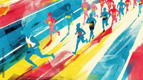 Fototapeta An illustration of marathon runners reaching the finish line, filled with vibrant colors and emotions, with plenty of space for text