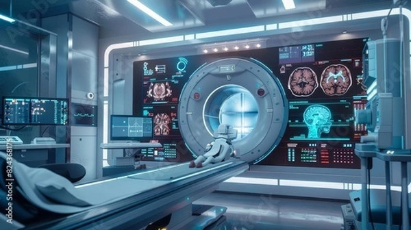 Fototapeta A detailed view of AIdriven diagnostic imaging, showcasing precise analysis of medical scans, in a hightech lab with a futuristic, cinematic look