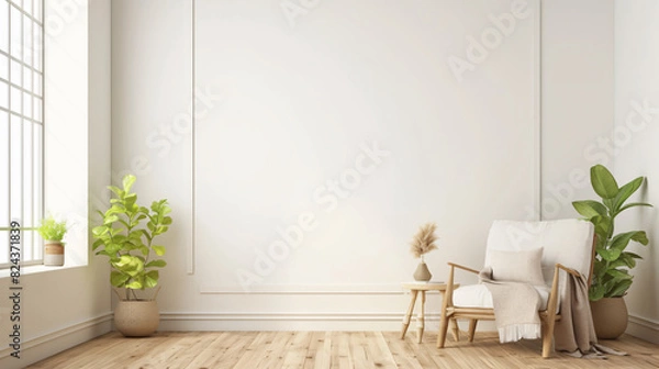 Fototapeta White Wall With Chair Design Background for Social Media with copy space text, for home decor, interior design, and minimalist