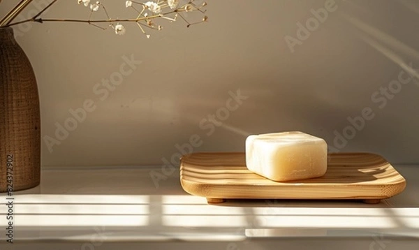 Fototapeta Minimalist Bathroom with a Single Bar of Soap on a Wooden Soap Dish
