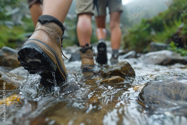 Fototapeta Hikers Crossing a Stream, Close-up of Boots Walking Through Water in a Forested Area