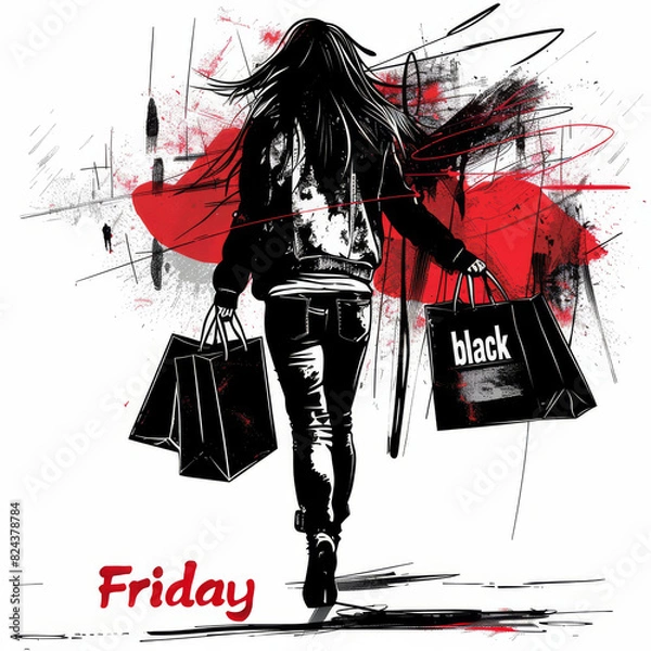 Fototapeta A girl in carrying shopping bags with the inscription "black Friday".