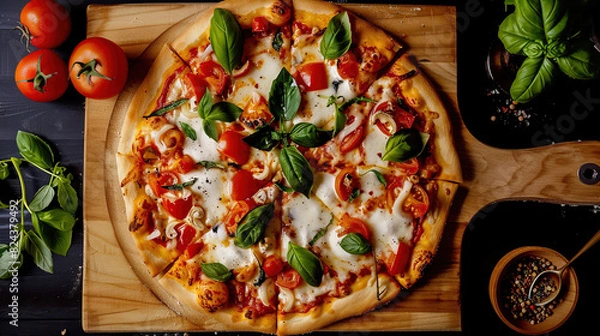 Fototapeta pizza with tomatoes and basil
