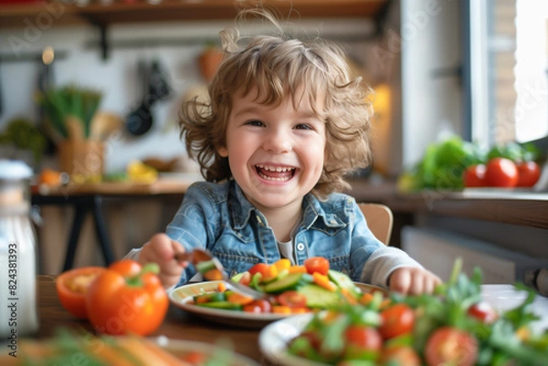 Fototapeta Child making a gesture and showing happiness while eating vegetables
