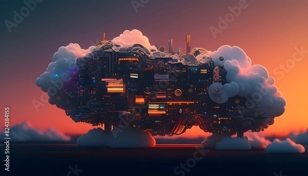 Obraz Futuristic Technological Landscape with Ethereal Cloud Formations and Integrated Digital Elements