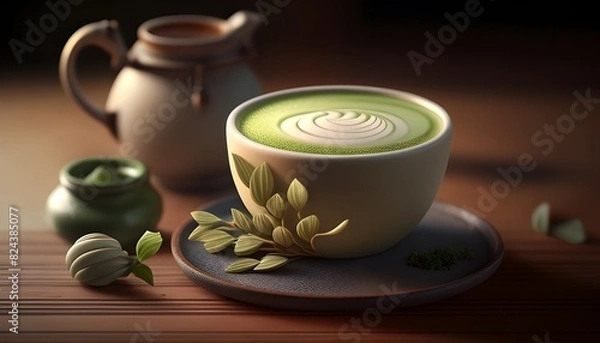 Obraz Tranquil and Harmonious Matcha Latte with Botanically Inspired Latte Art Composition