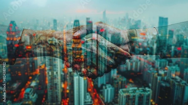 Fototapeta Corporate Connection: Businessmen Handshake Double Exposure in Urban Setting