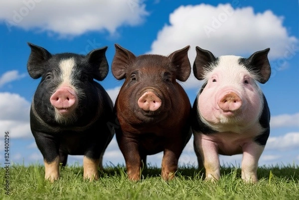 Fototapeta Three young different colored mangulitsa pigs on the field standing in row