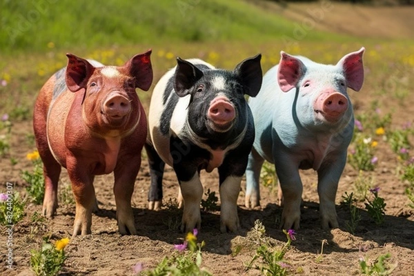 Fototapeta Three young different colored mangulitsa pigs on the field standing in row