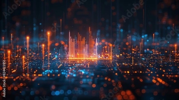 Fototapeta Futuristic cityscape with data streams and digital network elements