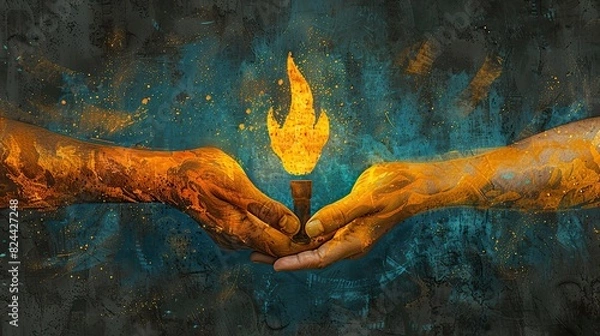Fototapeta An illustration of hands passing a torch, symbolizing the sharing of knowledge and growth. stock image