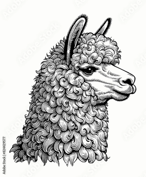 Fototapeta Monochrome engraved vintage drawing of Alpaca head vector illustration isolated on white background