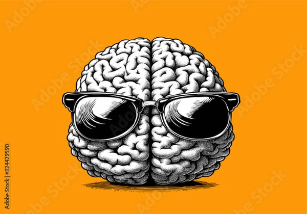 Fototapeta Monochrome engraved retro drawing of a brain cartoon character with sunglasses vector illustration isolated on orange background