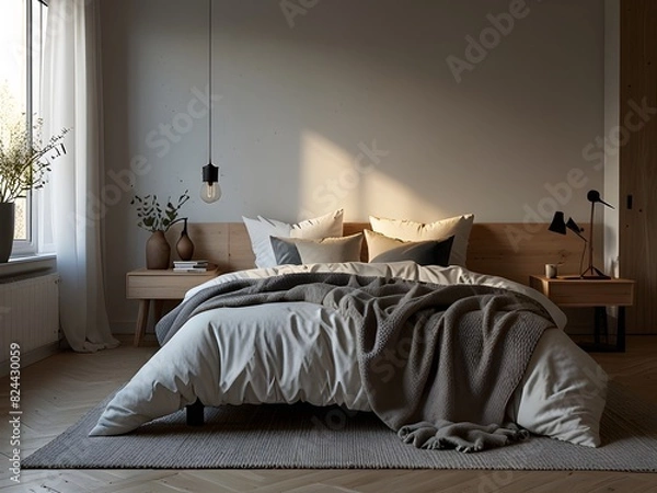 Fototapeta Scandinavian bedroom with functional furniture and cozy textiles, generative AI