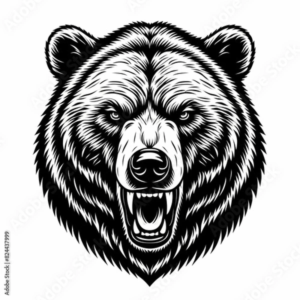 Fototapeta A powerful PNG logo featuring a grizzly bear's head, ideal for T-shirts, businesses, and hunting clubs, radiating strength and resilience.