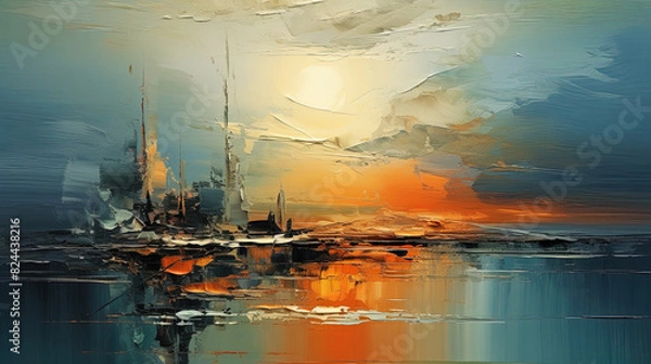Fototapeta A Contemporary Oil Painting on Canvas with a Brown and Orange Background In The Style of Dark Sky-Blue and Light Aquamarine Landscape