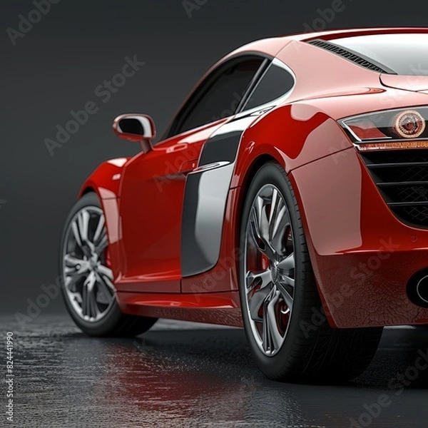 Fototapeta A sleek red sports car is showcased in 3D from the side against a dark grey backdrop