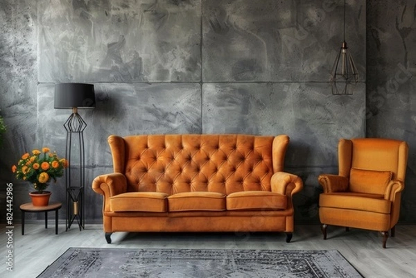 Fototapeta 3D rendering of a modern interior design with a gray concrete wall, brown leather sofa and armchair in the living room background