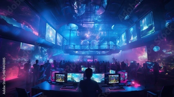 Fototapeta Online sports and gaming community, with game operator audience and blue light in the background