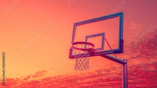 Fototapeta A detailed 3D rendering of a basketball hoop and net on a sunset orange background stands out