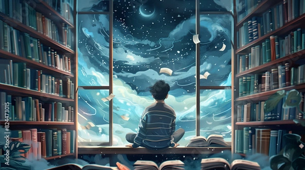 Fototapeta A young man among books near the opened window. Reading, book lover, library, world of dreams and fantasy.