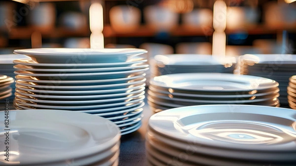 Obraz Closeup clean plates stack on a table ready for use