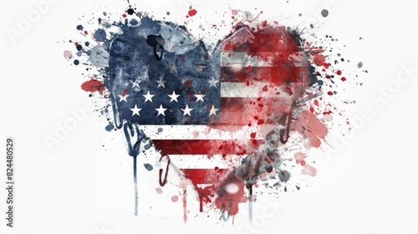 Fototapeta Abstract grunge brushed flag of USA in heart shape. Template for United states of America national holidays (Independence day, Veteran's day, Memorial day, etc). Square background template with stars.