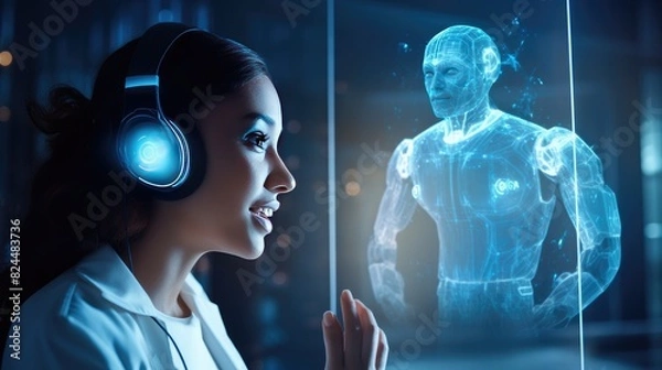 Fototapeta IoT Chatbot in healthcare, doctor using a chatbot Intelligence (AI) Innovation concept to assist in diagnosing medical condition and treatment. Copy space for text, AI generated