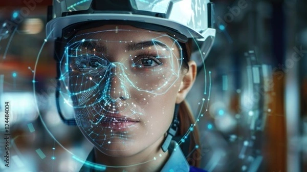 Fototapeta Full face portrait of female engineer wearing safety helmet View camera for facial recognition system with facial recognition interface and 3D scanning on the background of a futuristic building