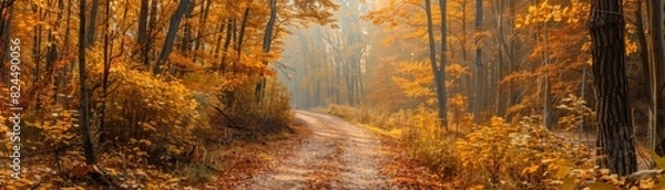 Fototapeta Autumn Forest Path with Sunlight Rays