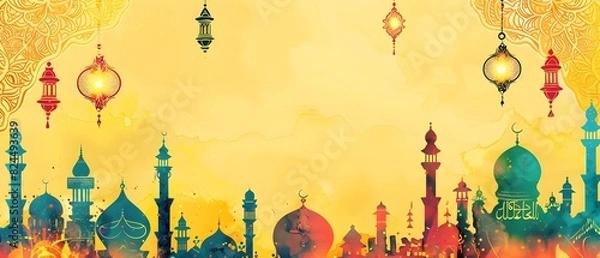 Fototapeta Ornate Doodle Page Border Design with Festive Eid al Adha Silhouetted Minarets and Paper Lanterns