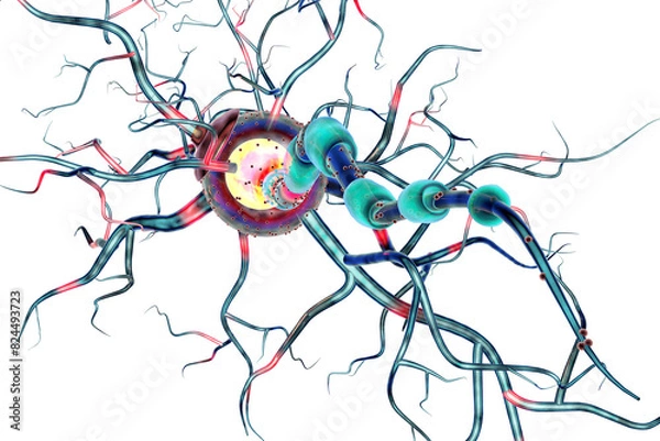 Fototapeta Supportive tissue of the nervous system. Neuron structure. Neuron, astrocyte (glial cell), oligodendrocytes, axon. Transparent background png 