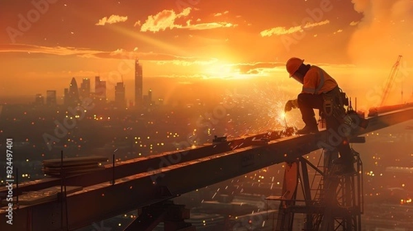 Obraz Silhouette of a Construction Worker at Sunrise in Urban Landscape