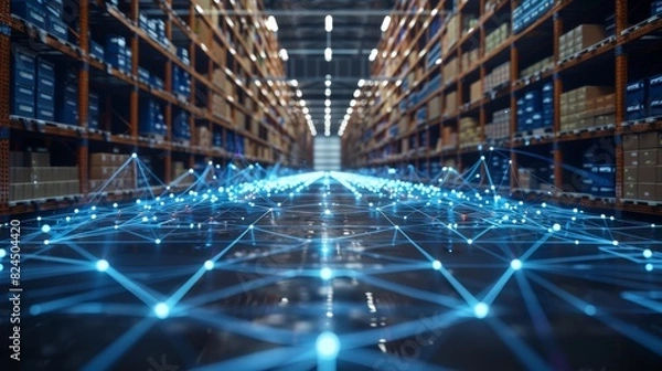 Fototapeta A holographic projection of a supply chain network diagram in a logistics center, business, dynamic and dramatic compositions, with copy space