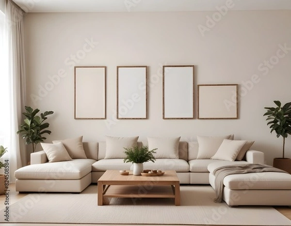 Obraz Frame mockup, ISO A paper size. Living room wall poster mockup. Living Room. Interior mockup with house background. Modern interior design. 3D render