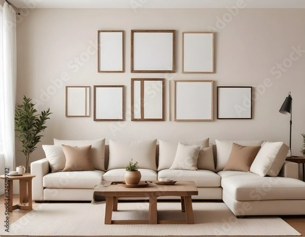 Fototapeta Frame mockup, ISO A paper size. Living room wall poster mockup. Living Room. Interior mockup with house background. Modern interior design. 3D render