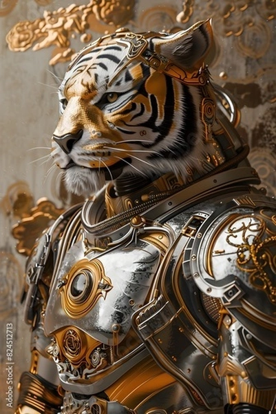 Fototapeta Regal Cyborg Tiger Warrior Adorned in Intricate Golden Filigree Against Shimmering Abstract Backdrop