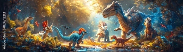 Fototapeta A birthday celebration with a dinosaur cake featuring a playful scene of baby dinosaurs hatching, colorful and detailed, joyful atmosphere, Digital Painting