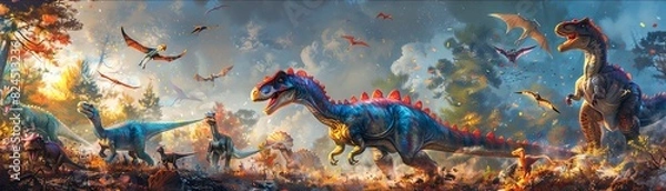 Fototapeta A birthday celebration with a dinosaur cake featuring a playful scene of baby dinosaurs hatching, colorful and detailed, joyful atmosphere, Digital Painting