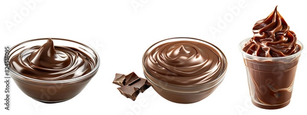 Obraz Three bowls of chocolate sauce with a cup of chocolate sauce in the middle cutout on transparent background. Mockup for template product presentation.