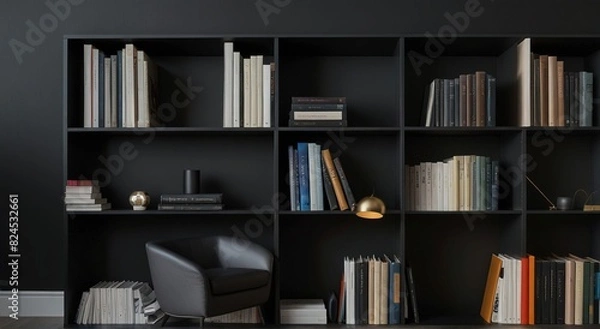 Fototapeta A high-definition image of a sleek, built-in bookshelf, showcasing rows of color-coordinated books and minimalist decor items against a matte black background.

