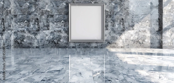 Fototapeta Sleek gallery with a 3D empty frame set against a dramatic Oyster Grey marble floor.