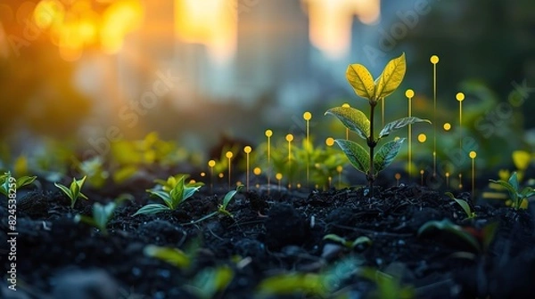 Fototapeta An abstract depiction of a plant flourishing with a rising graph in the background, symbolizing organic growth. photo